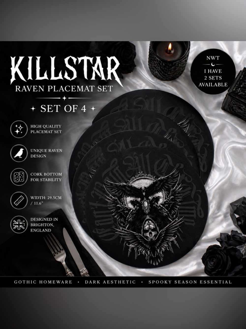 KILLSTAR Raven Placemat Set of 4 Black Cork Backed